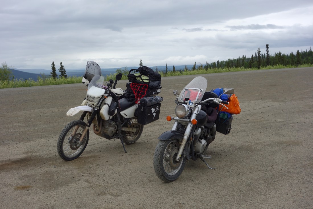 Bikes at beginning of Dalton Highway.JPG