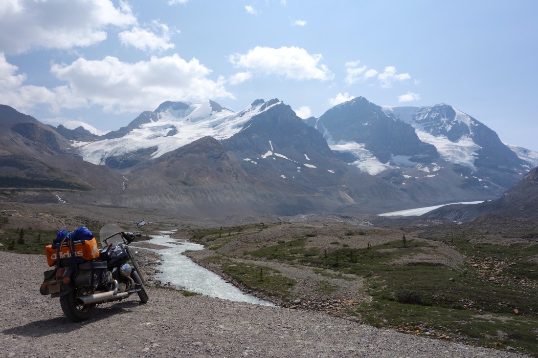 Motorcycle and mountains on Icefield parkway - edited .JPG
